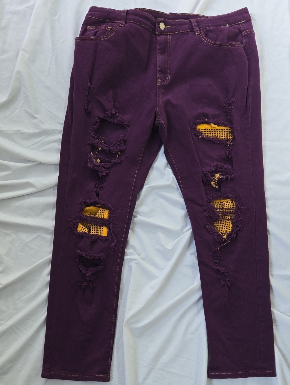 Mens Purple Distressed Jeans 3Yellow Beaded InLeg Patches, 1 On 1 Leg 2 On Other